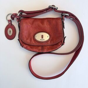 Fossil Genuine Leather Brick Red Mini Crossbody Bag with leather keychain charm